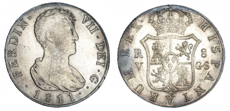 8 reales. 1811. Valencia. GS. VI-1186. Acuñación defectuosa. Rayas de ajuste y v...