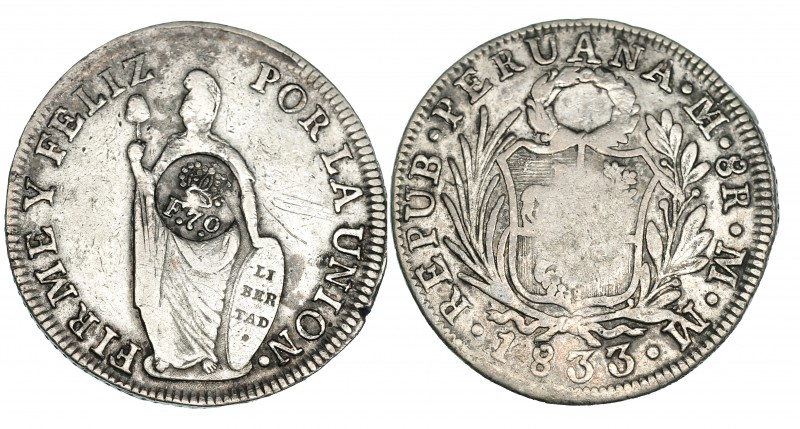 Sobre 8 reales 1833. LIMA MM. Resello coronado de Fernando VII para Manila. KM-8...