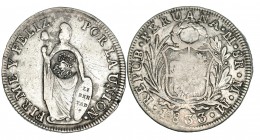 Sobre 8 reales 1833. LIMA MM. Resello coronado de Fernando VII para Manila. KM-83. VI-pág. 395. Finas rayitas. MBC.