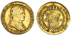 2 escudos. 1811. Cádiz. CI. VI-1303. Hojitas en anv. y otra sobre la marca de ceca. MBC. Escasa.