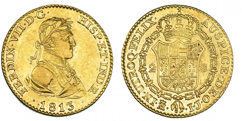 2 escudos. 1813. Madrid, IJ. VI-1333. MBC+. Muy escasa.