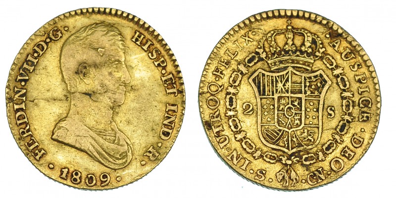 2 escudos. 1809. Sevilla. CN. VI-1383. Hojitas en anv. MBC-. Muy escasa.