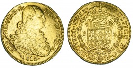 8 escudos. 1813. Nuevo Reino. JF. VI-1502. Rotura de cuño en anv. Estuvo engarzada. Superficies porosas. MBC-.
