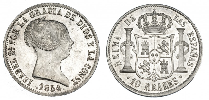 10 reales. 1854. Barcelona. Rev. girado 10 grados. VI-439. B.O. EBC+.