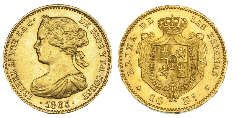 10 escudos. 1865. Madrid. VI-665. Pequeñas marcas. EBC.