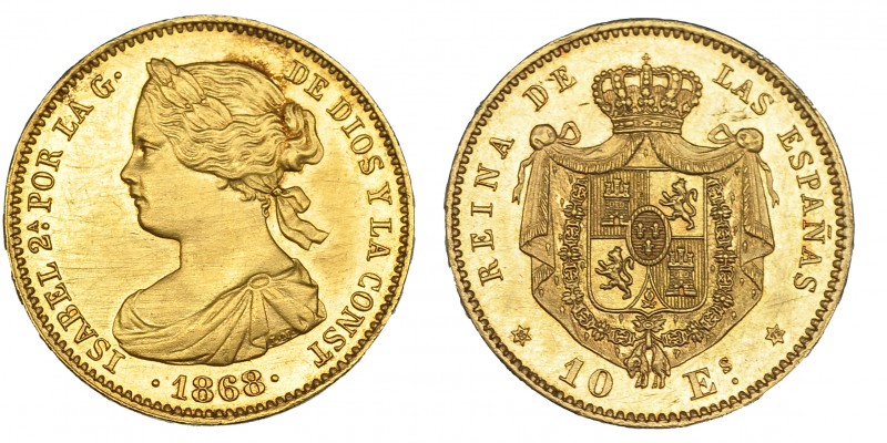 10 escudos. 1868. *18-73. Madrid. VI-669. Ligeramente gratada. EBC+.