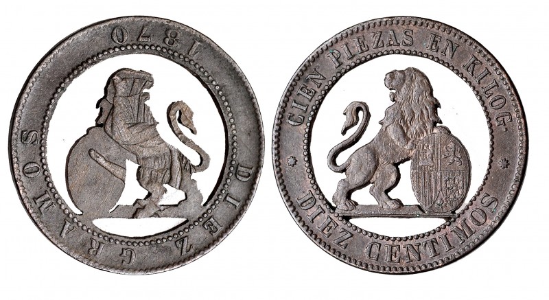 10 céntimos. 1870. Barcelona. Calada perfilando la figura del león rampante y es...