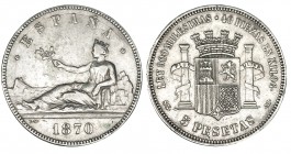 5 pesetas. 1870 *18-70. Madrid. SNM. VII-22. Golpecito en canto. MBC.