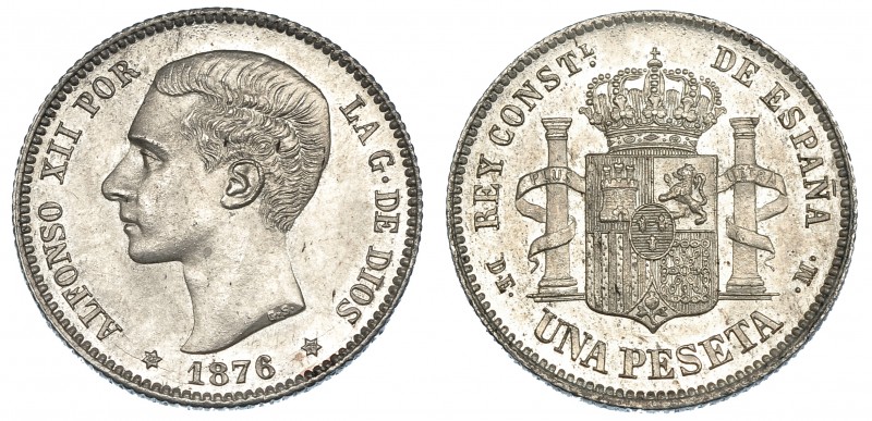 Peseta. 1876. *18-76. Madrid. DEM. VII-57. B.O. SC. Rara en esta conservación.