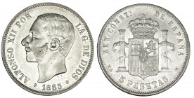 5 pesetas. 1885 *18-85. Madrid. MSM. VII-91. Escasa. R.B.O. MBC+.
