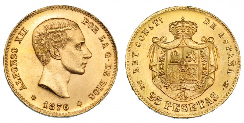 25 pesetas. 1876*19-62. Madrid. DEM. VII-418. B.O. SC. Escasa.