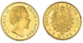 ESTADOS ALEMANES. BAVIERA. 5 marcos. 1877-D. KM-904. Golpecitos en gráfila y pequeñas marcas. EBC.