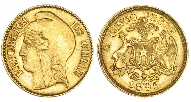 CHILE. 5 pesos. 1895. KM-153. EBC-.