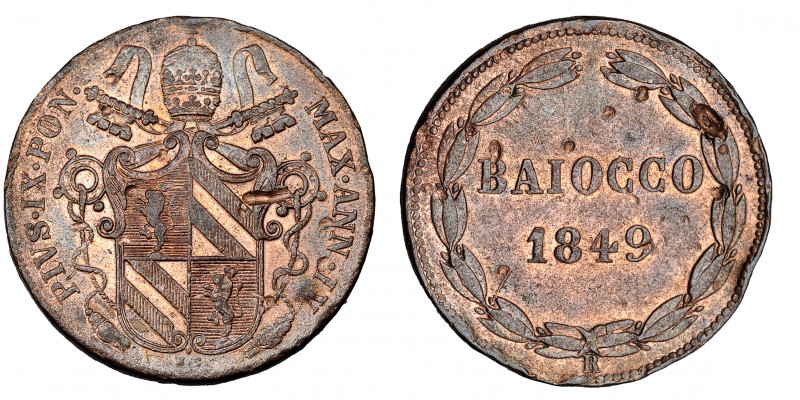 ESTADOS ITALIANOS. ESTADOS PAPALES. Baiocco. Pío IX. 1849-VI-R. KM-1339.1. Golpe...