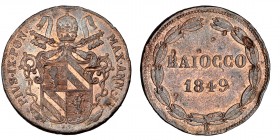 ESTADOS ITALIANOS. ESTADOS PAPALES. Baiocco. Pío IX. 1849-VI-R. KM-1339.1. Golpes. MBC+. Rara.