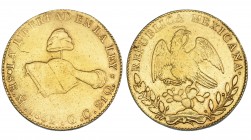 MÉXICO. 8 escudos- 1852. Guadalupe y Calvo. KM-383.6. Estuvo engarzada. Superficies porosas. MBC.