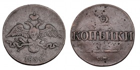 RUSIA. Nicolás I. 2 kopeks. 1834 CM. C-139.3. Porosidades. MBC-/BC+.