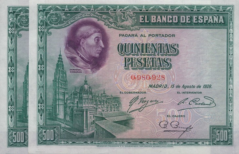 Banco de España. 500 pesetas. Pareja correlativa.. 8-1928. Sin serie. ED-C7. SC....