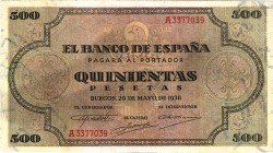 Banco de España en Burgos. 500 pesetas. 5-1938. Serie A. ED-D4 . Ligera restauración. EBC-.