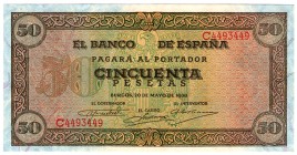Banco de España en Burgos. 50 pesetas. 5-1938. Serie C. ED-D32a . Con todo el apresto. PL.