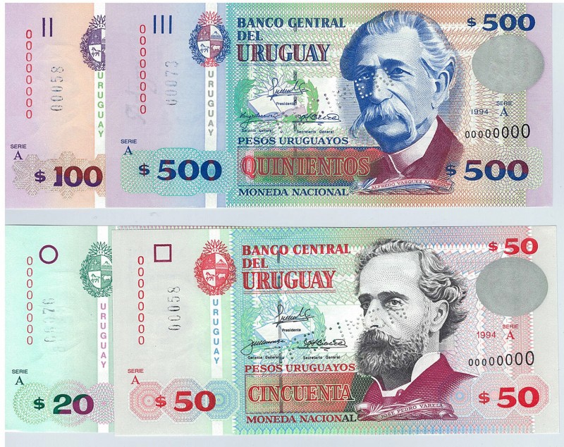 URUGUAY. 20, 50, 100 y 500 pesos 1994 con taladro de puntos SPECIMEN. Pick-74, 7...