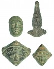 ROMA. Imperio Romano. II-IV d.C. Bronce. Lote de 4 piezas: tres apliques con representación facial y una figura masculina, barbada, con gorro frigio. ...