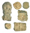 PERÍODO MEDIEVAL. Islámico y cristiano. Siglos X-XI. Lote de 5 piezas de plomo: dado y amuleto islámico (incompleto, con palabra Allah en anv. y cruz ...