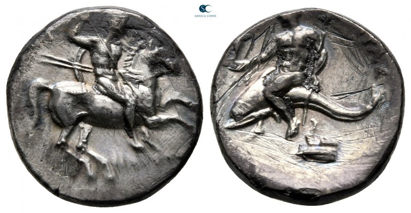 Calabria. Tarentum 332-302 BC. 
Nomos AR

21 mm, 5,94 g

[ΣA], nude rider o...