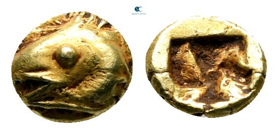 Mysia. Kyzikos 600-550 BC. 
1/24 Stater EL

6 mm, 0,66 g

Head of tunny lef...