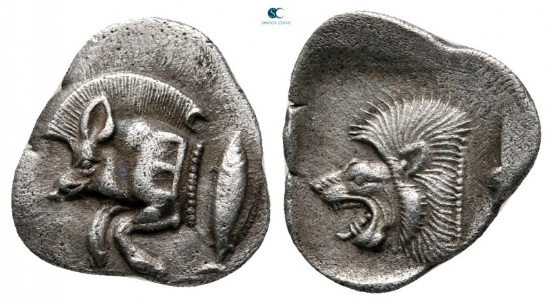 Mysia. Kyzikos circa 480-400 BC. 
Obol AR

13 mm, 0,86 g

Forepart of boar ...