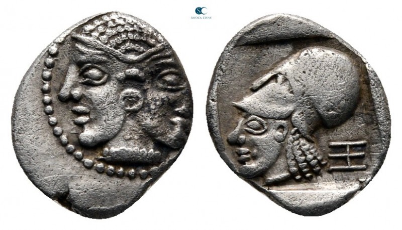 Mysia. Lampsakos 500-450 BC. 
Obol AR

11 mm, 0,86 g

Janiform female heads...
