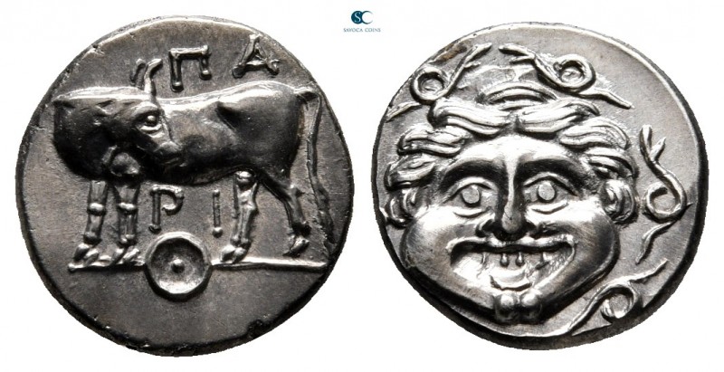 Mysia. Parion 400-300 BC. 
Hemidrachm AR

13 mm, 2,38 g

ΠΑ-ΡΙ, bull standi...