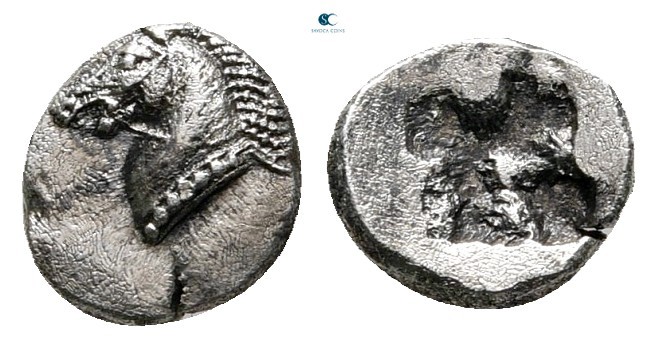 Aeolis. Kyme 520-470 BC. 
Hemiobol AR

6 mm, 0,32 g

Head of bridled horse ...