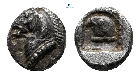 Aeolis. Kyme 520-470 BC. 
Tetartemorion AR

4 mm, 0,14 g

Head of bridled h...