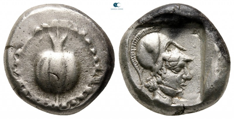 Pamphylia. Side 460-430 BC. 
Stater AR

20 mm, 10,83 g

Pomegranate; to rig...