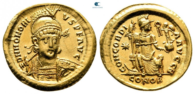 Honorius AD 393-423. Constantinople
Solidus AV

20 mm, 4,38 g

D N HONORIVS...