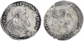  Bologna   Paolo III (Alessandro Farnese), 1534-1549. Bianco, AR 5,48 g. PAVLVS III PONT MAX Busto con piviale a d. Rv. BONONIA MATER STVDIORVM Leone ...