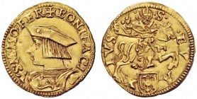  Casale   Bonifacio II Paleologo, 1518-1530. Ducato, AV 3,44 g. + BONIFACI – VS M O FER Busto a s. con berretto ornato di globetto. Rv. S – EV – A – X...