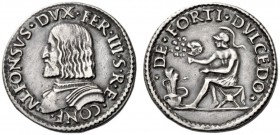  Ferrara   Alfonso I d'Este, 1505-1534. Quarto, AR 9,51 g. ALFONSVS DVX FER III S R E CONF Busto corazzato, con corta barba, a s. Rv. DE FORTI DVLCEDO...