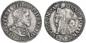  Ferrara   Ercole II d'Este, 1534-1559. Testone 1559, AR 8,21 g. HERCVLES II FERRARIE DVX IIII Busto corazzato a d.; nel taglio del braccio, P e sotto...