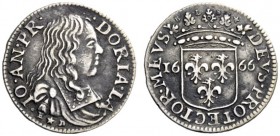  Loano   Giovanni Andrea III Doria, 1654-1737. Luigino 1666, AR 2,11 g. IO AND P R – DORIA LA Busto drappeggiato a d.; sotto, sigla E stella D. Rv. DE...