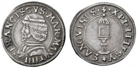  Mantova   Francesco II Gonzaga marchese IV, 1484-1519. Mezzo testone, AR 3,76 g. FRANCISCVS MAR MANT IIII Busto corazzato a s., con berretto. Rv. XP ...