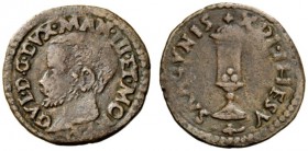  Mantova   II periodo: duca di Mantova e del Monferrato 1575-1587. Quattrino, Æ 1,01 g. GVL D G DVX MAN III ET MON F P Testa leggermente barbuta a s. ...