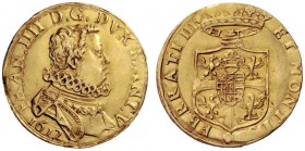 Mantova   Francesco IV Gonzaga, febbraio – dicembre 1612. Doppia 1612, AV 6,38 g. FRAN IIII D G DVX MANT V Busto con collare alla spagnola a d.; sott...