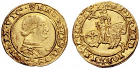  Milano   Francesco I Sforza, 1450-1466. Ducato, AV 3,54 g. FRANCISChVS SFORTIA VIC' Busto corazzato a d. Rv. DVX MEDIOLANI PIE Q 3 C Il duca, in arma...