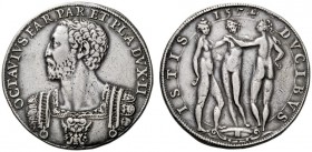  Parma   Ottavio Farnese 1547-1586. Mezzo scudo 1574, AR 17,46 g.  OCTAVIVS FAR PAR ET PLA DVX II Busto di fronte corazzato, testa volta a s. Rv. ISTI...
