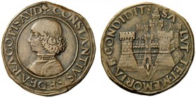  Pesaro   Costanzo Sforza, 1473-1483. Prova della mezza lira, Cu 11,21 g. CONSTANTIVS SF DE ARAGO PISAV D Busto corazzato a s. Rv. SA LVT I ET MEMORIA...