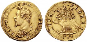  Piacenza   Ranuccio I Farnese 1592-1622. Da 2 doppie o quadrupla 1604, AV 13,12 g.  RANVT  FAR PLA P DVX IV S R E CONF PER Busto corazzato a s. Rv. P...