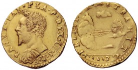  Piacenza   Ranuccio I Farnese 1592-1622. Da 2 doppie o quadrupla 1613, AV 13,33 g.  RANVT  FAR PLA P DVX IV S R E Busto corazzato a s. Rv. PELLIT ET ...