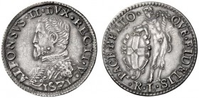  Reggio Emilia   Alfonso II d’Este, 1559-1597. Quarto di scudo, AR 7,17 g. ALFONSVS II DVX REGII V Busto corazzato a s.; sotto, nel giro, 1571. Rv. PA...